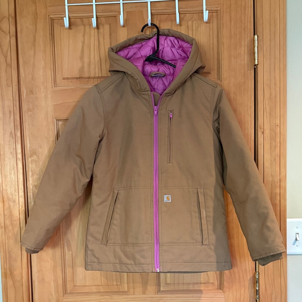 Big kid Brown Carhartt Jacket with Pink Lining